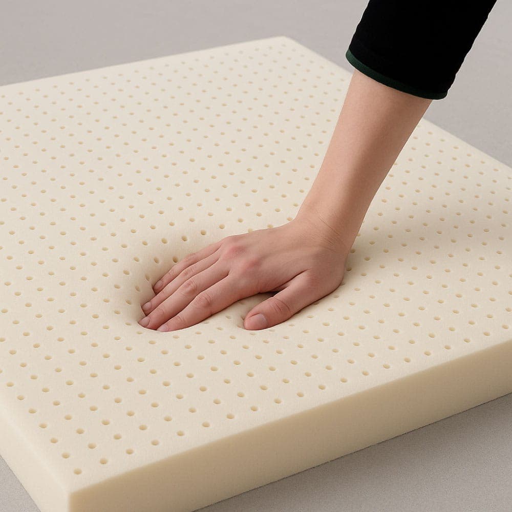 Gros plan sur l’âme perforée en latex naturel du surmatelas FamBed