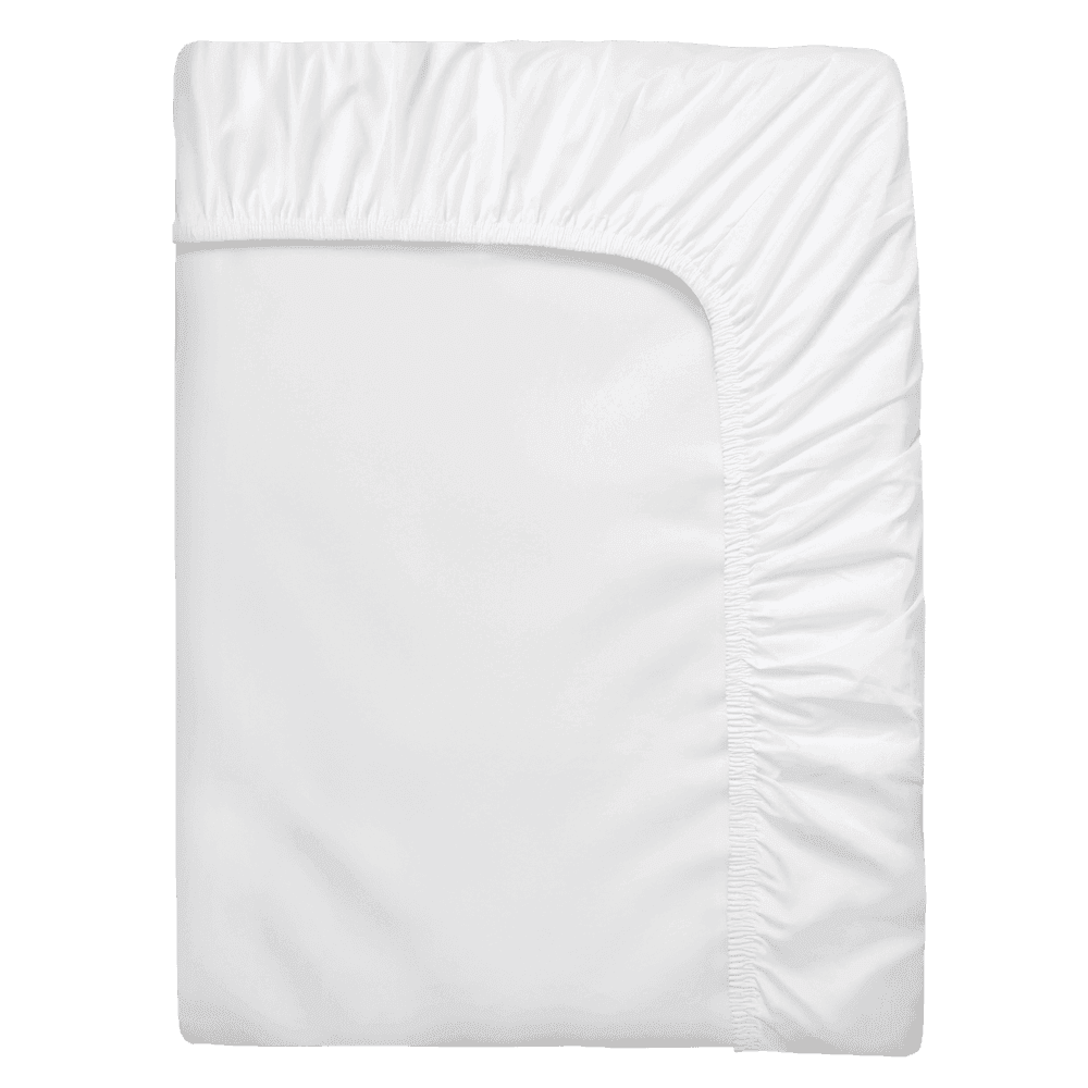 Drap-housse blanc plié, avec un bord élastiqué sur tout le pourtour