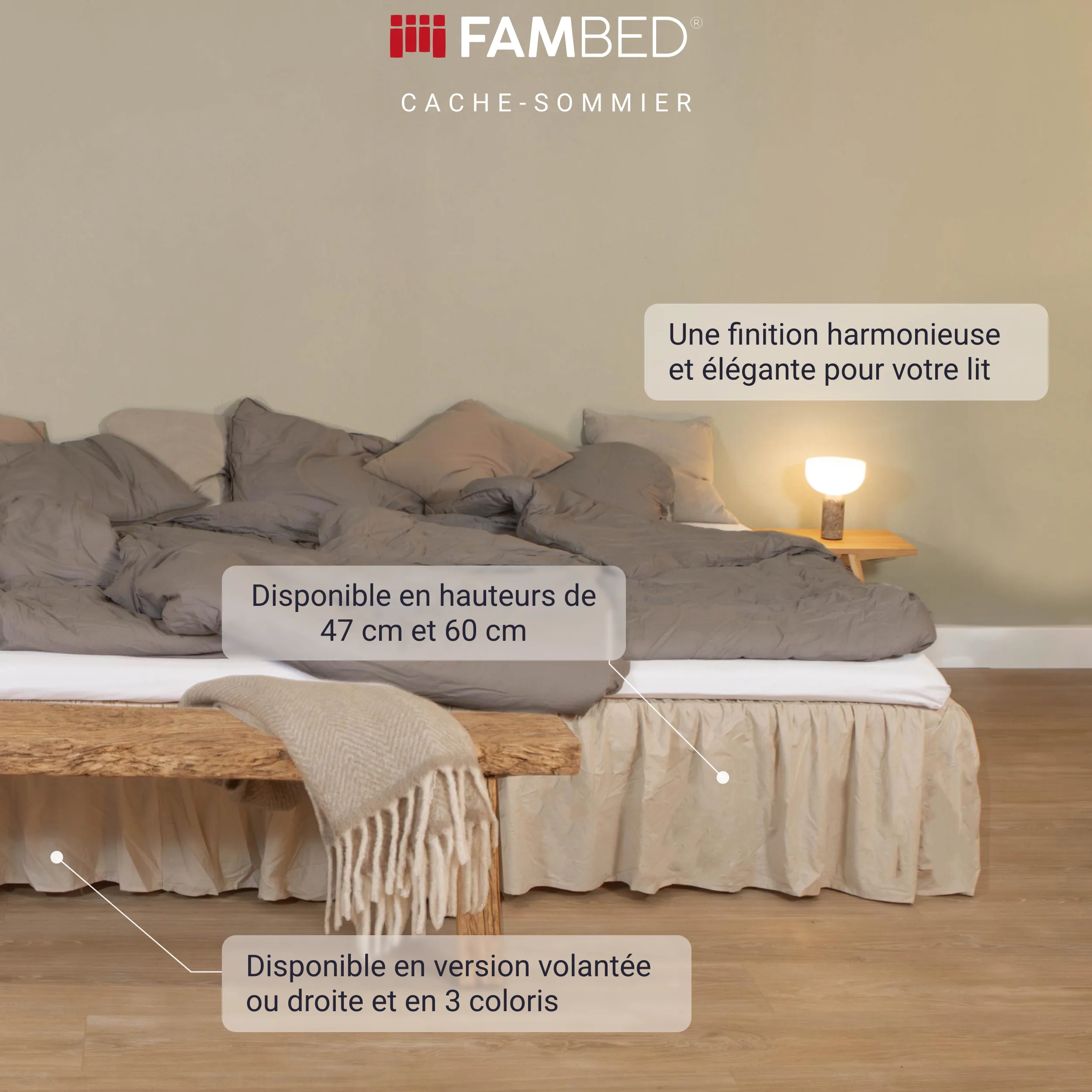 Lit familial avec un cache-sommier beige recouvrant le sommier et l’espace sous le lit