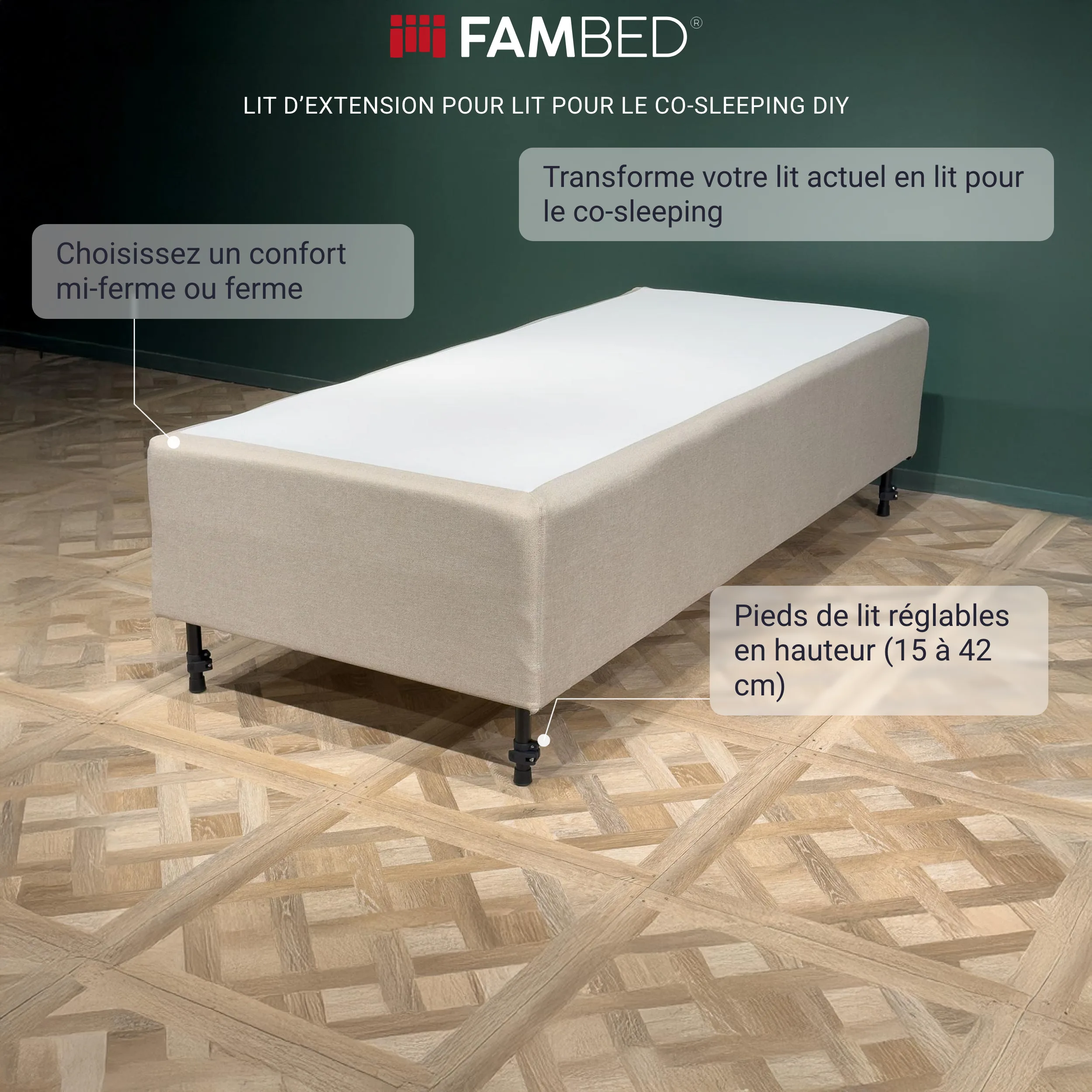 Infographie : lit d'extension FAMBED sur pieds noirs avec indications sur son matelas à ressorts réversible à 7 zones et ses pieds réglables en hauteur