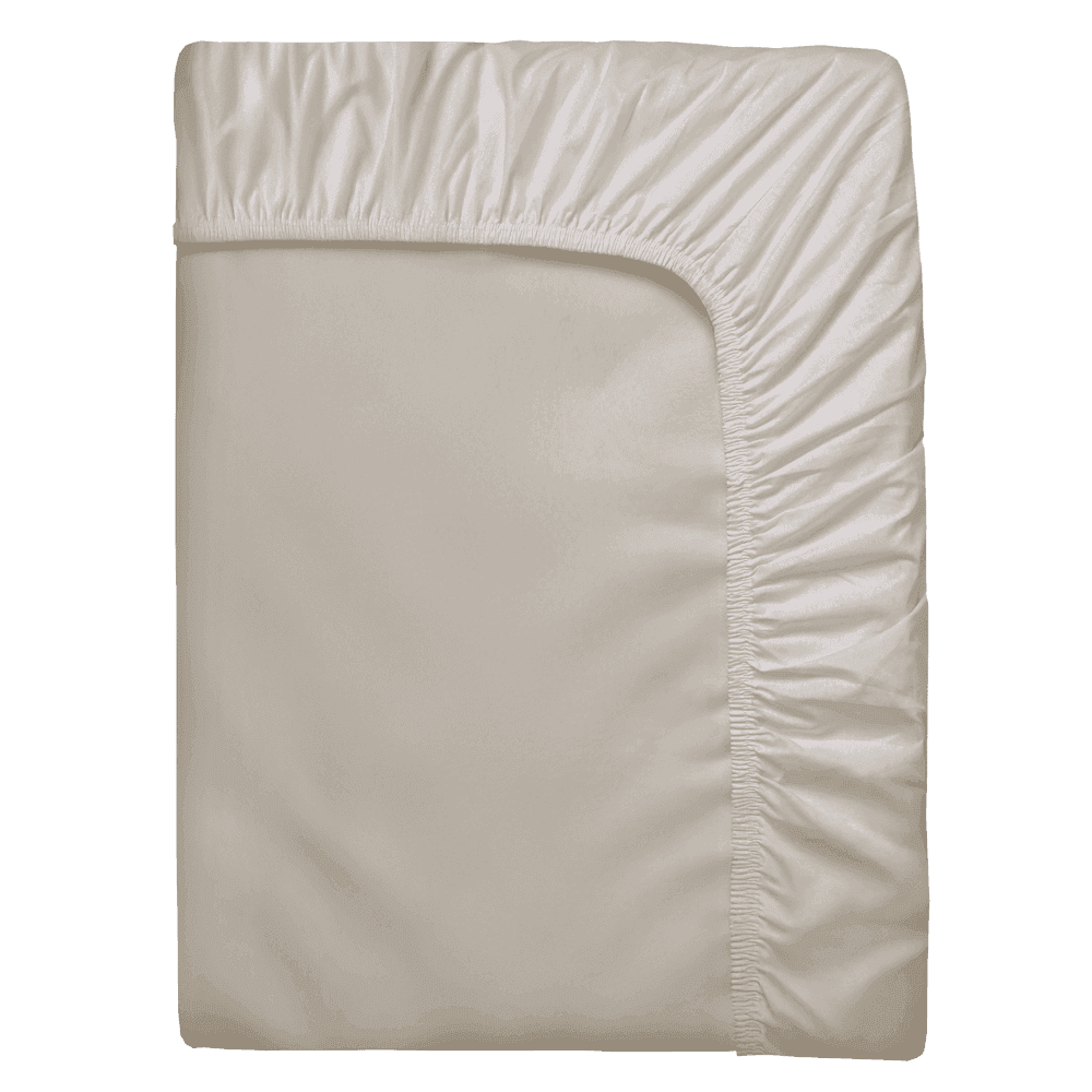 Drap-housse beige plié, avec un pourtour entièrement élastiqué