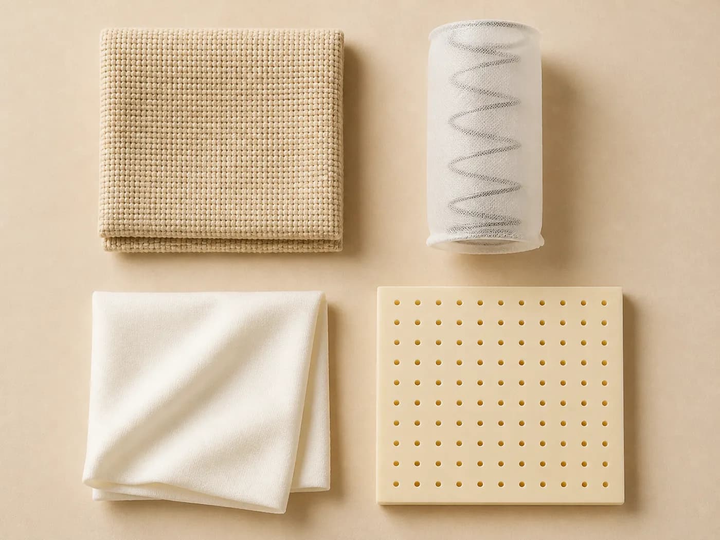Quatre échantillons de matériaux sur une surface claire : un tissu de revêtement beige tissé, un ressort ensaché dans sa poche en tissu, un textile blanc doux plié et une plaque perforée en latex naturel.