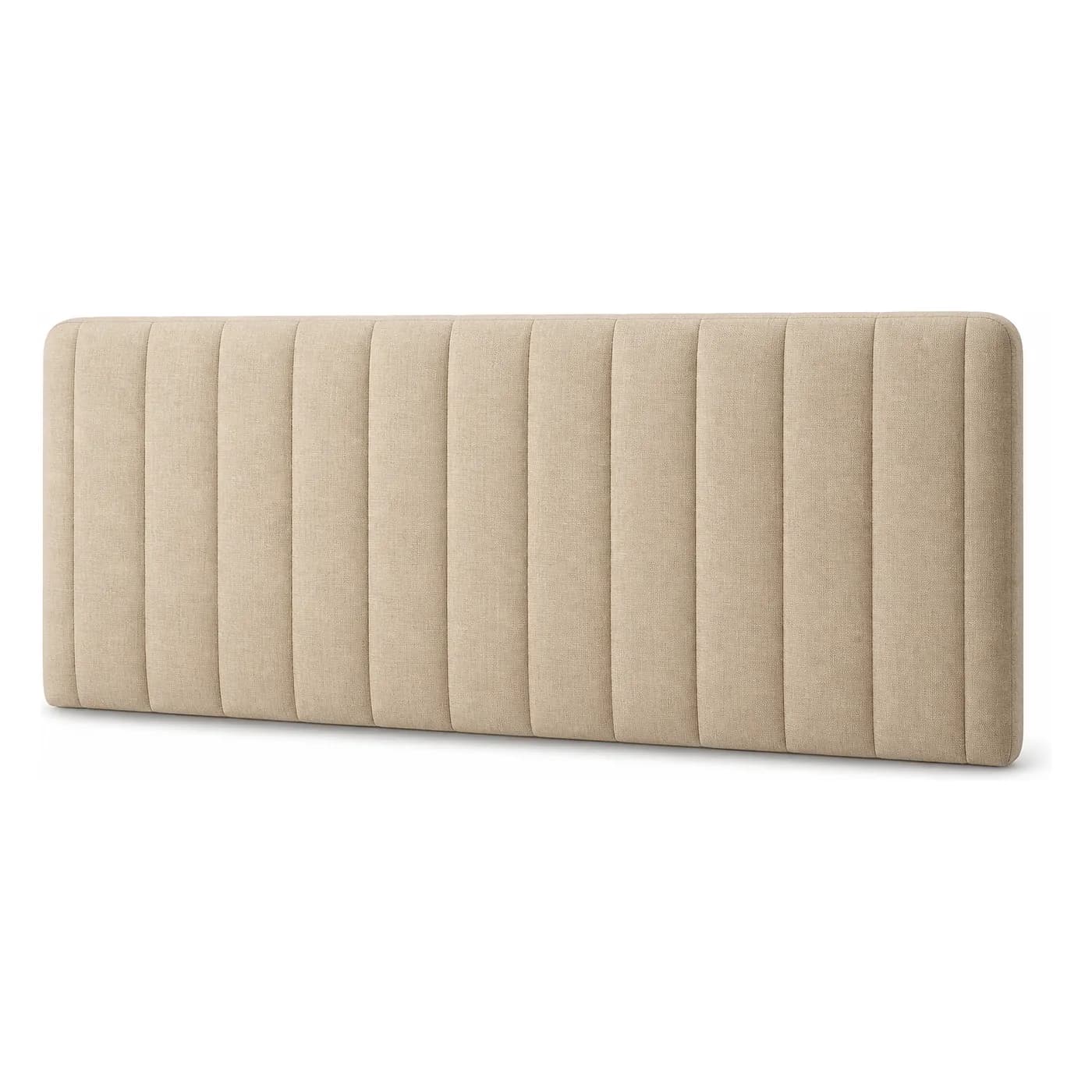 Tête de lit FamBed beige entièrement rembourrée, avec des panneaux rembourrés verticaux.