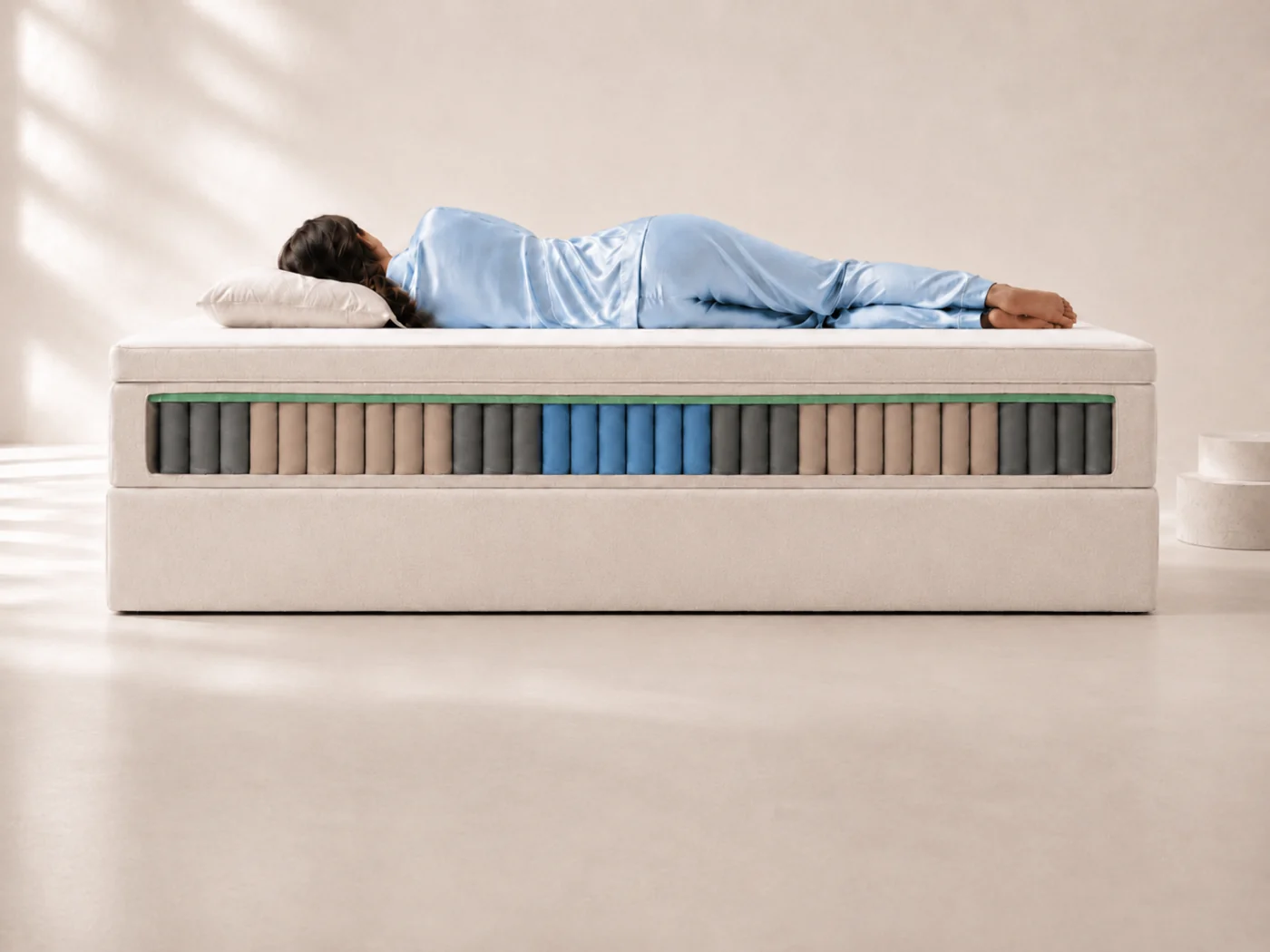 Vue latérale du lit, avec l’avant du matelas ouvert : des rangées de ressorts ensachés gris, beiges et bleus montrent les différentes zones à travers le matelas, tandis qu’un adulte en tenue de nuit bleu clair est allongé sur le côté
