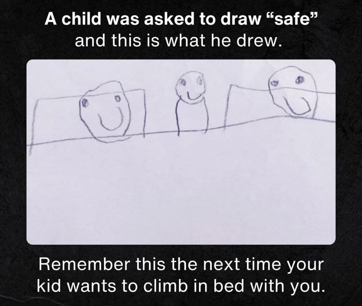 Dessin d’enfant représentant trois personnages souriants dans un lit, accompagné d’un texte en anglais expliquant que l’enfant devait dessiner le mot « safe »