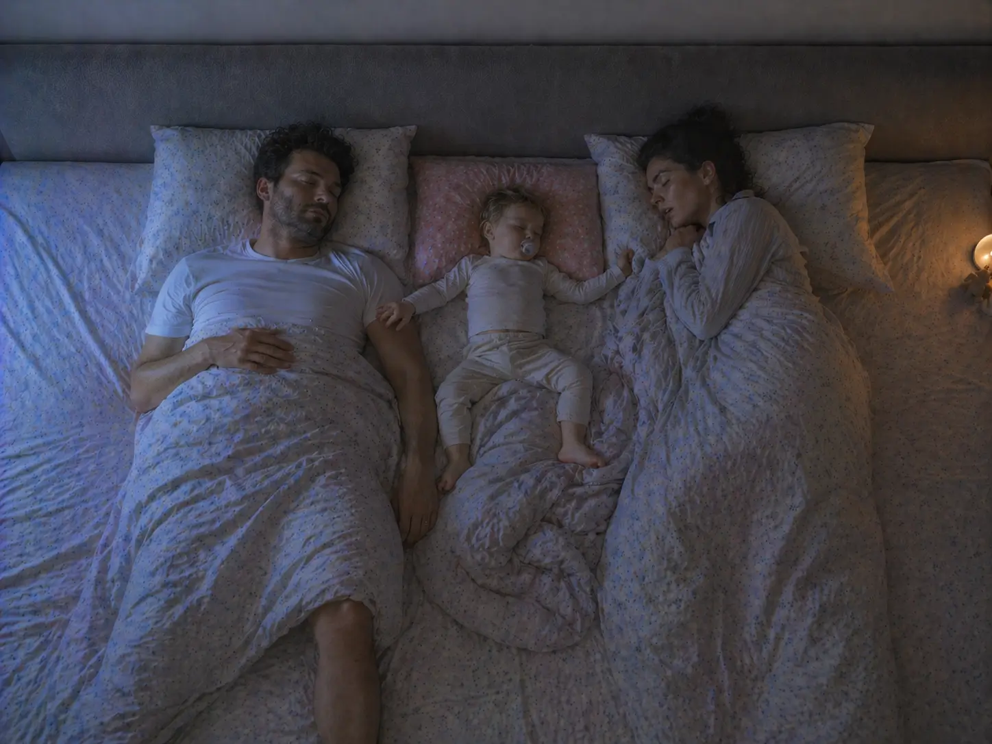 Une famille de trois personnes dort côte à côte dans le lit familial, vue du dessus