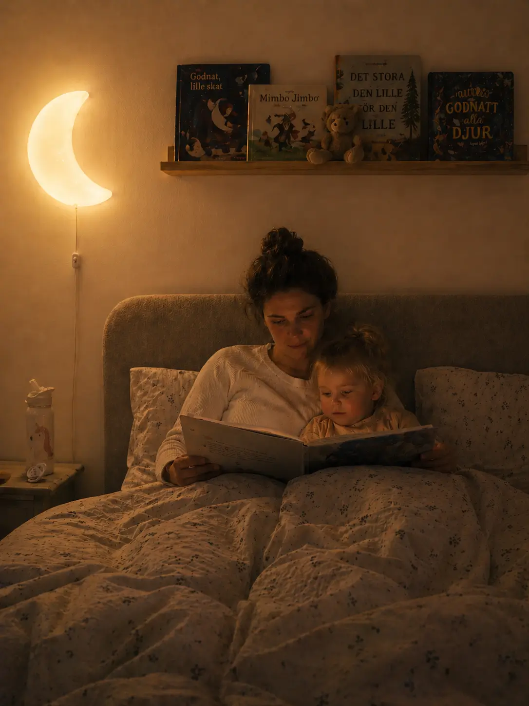 Une mère et son enfant lisent une histoire du soir au lit, sous une lampe en forme de lune