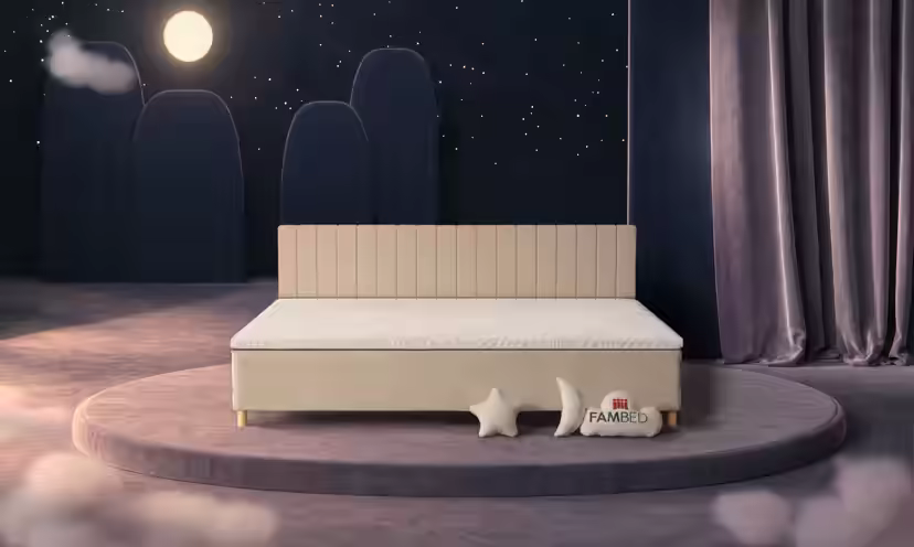Lit familial FAMBED en beige, 270 × 200 cm, avec tête de lit